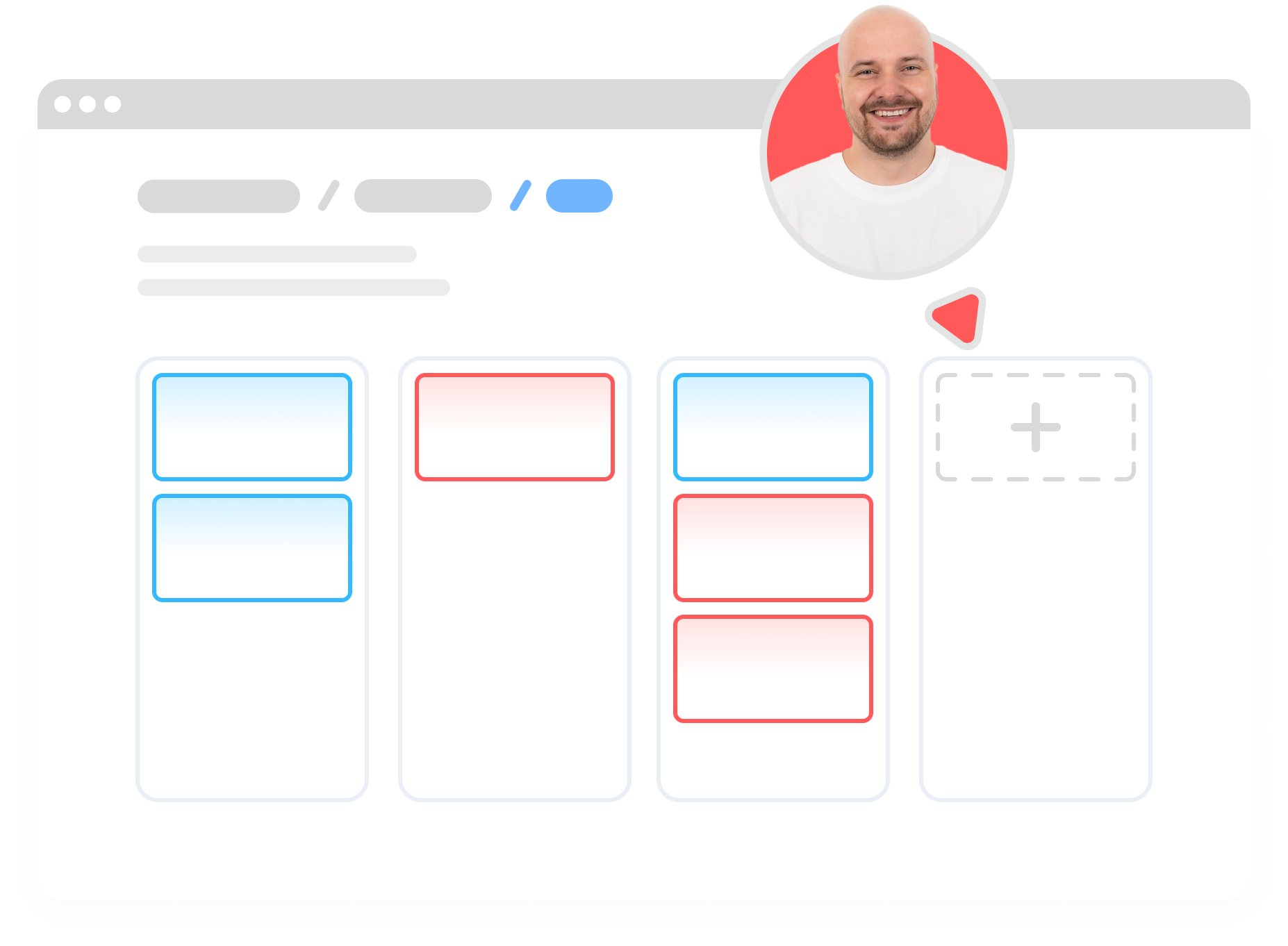 Vereinfachtes UI eines Kanban Boards. Maus eines Entwicklers klickt auf ein Feld, um ein Ticket zu erstellen.